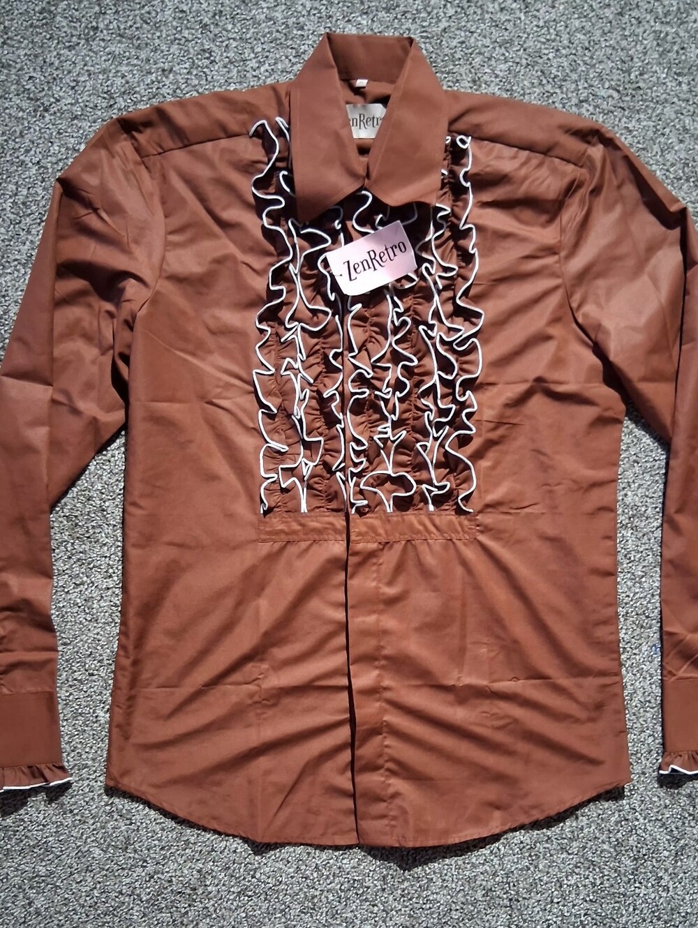 Men's Brown Ruffle Ruche Frill Tuxedo Retro Shirt